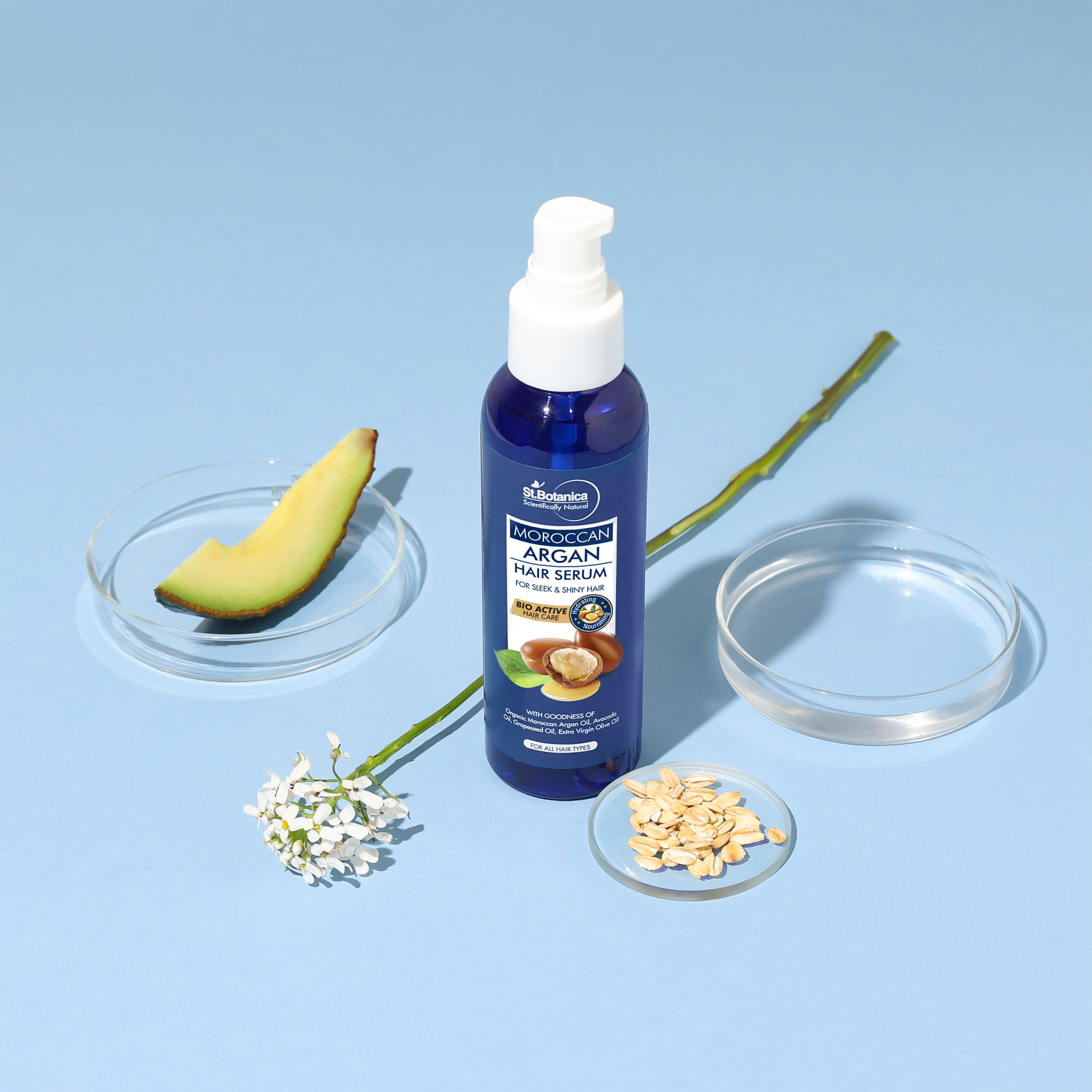 Product photography and styling for St. Botanica argon hair serum 