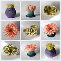 a collage of photos of crocheted sea anemones and coral