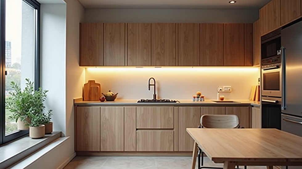 High angle view of kitchen renovation with new cabinetry and lighting