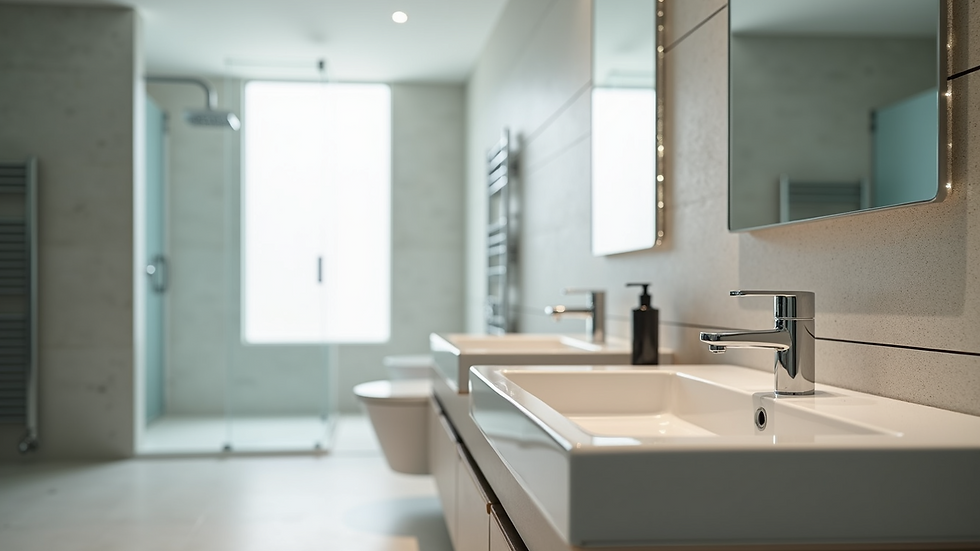 Close-up view of modern bathroom with new fixtures and tiles