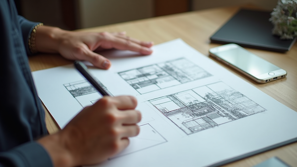 High angle view of a designer sketching website layouts on paper