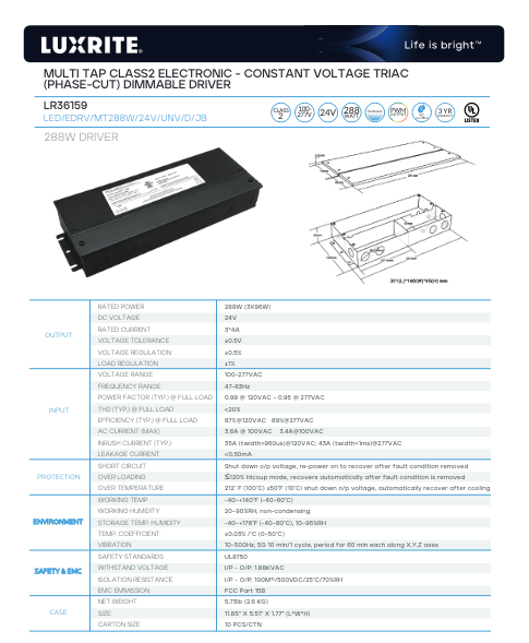 LR36159 ENCLOSED 288W MULTI-TAP ELECTRONIC CONSTANT VOLTAGE CLASS 2