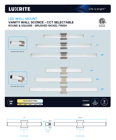 LR32176 24" VANITY LED BAR - CCT SELECTABLE SQUARE