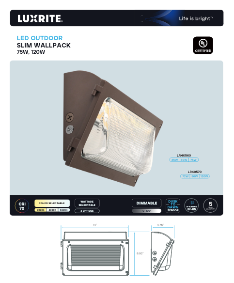 LR40560,  LED OUTDOOR SEMI CUT-OFF SLIM WALLPACK 75W, 120W