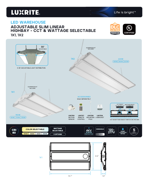 LR41700 1X1 SLIM LINEAR HIGHBAY 3 WATTAGE SELECTABLE & 4CCT