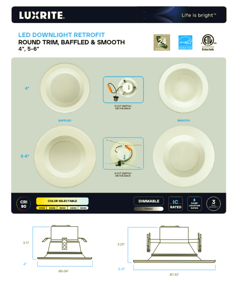 LR23790 4" DOWNLIGHT RETROFIT ROUND 5CCT BAFFLED