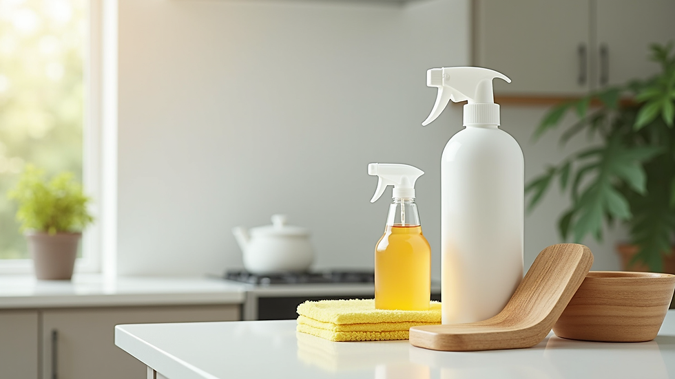 Close-up view of eco-friendly cleaning products and tools on a countertop