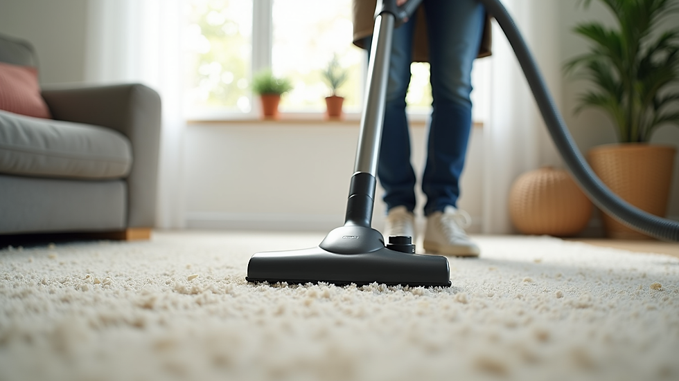 Close-up view of a cleaning professional vacuuming a carpet in a bright living room