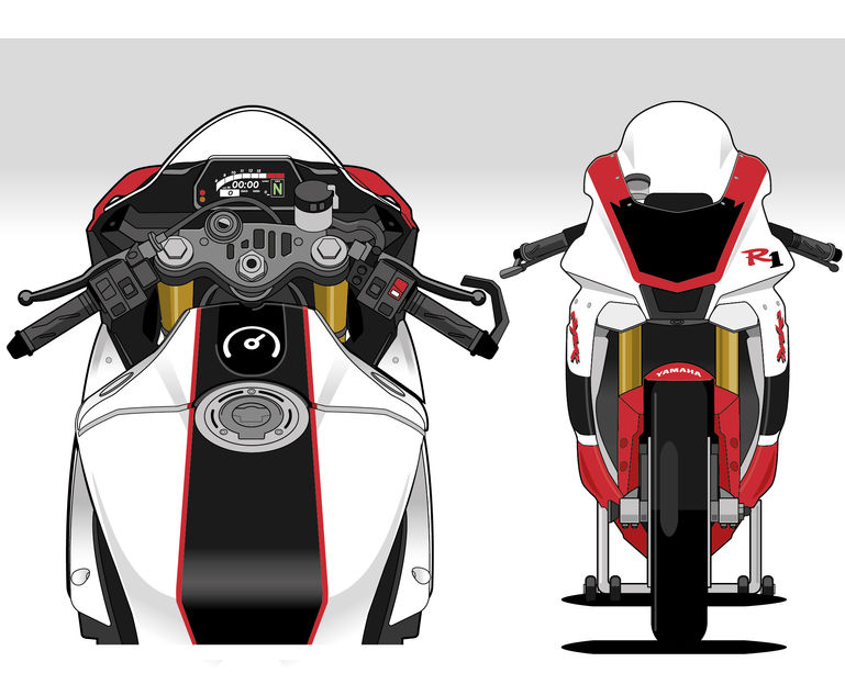 Front profile and tank of Yamaha R1 race bike livery in red, white and black