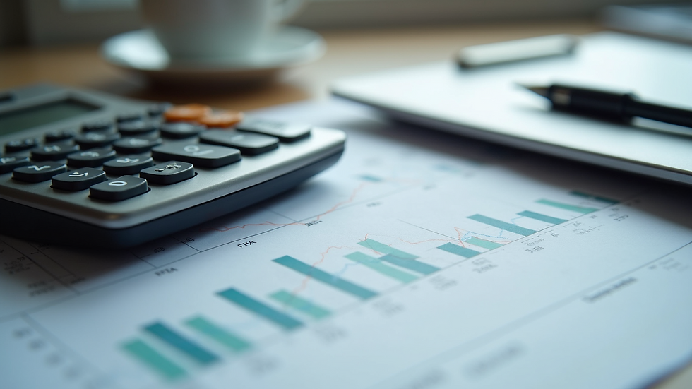 Close-up view of a calculator and financial report on a desk