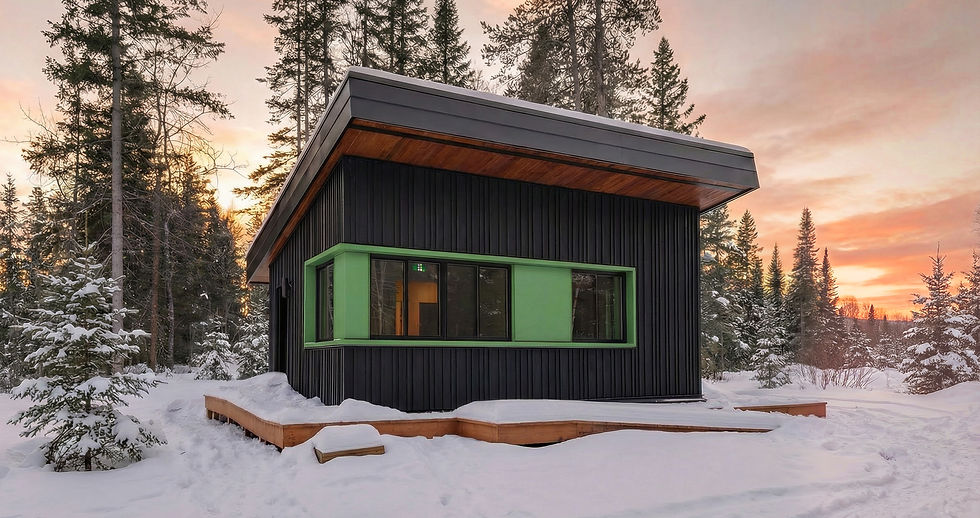 Le pavillon d'accueil de la base plein air dUu Lac-Nairne à Saint-Aimé des-Lacs. ce bâirment est un monolithe en bois noir se fond dans un paysage forestier.