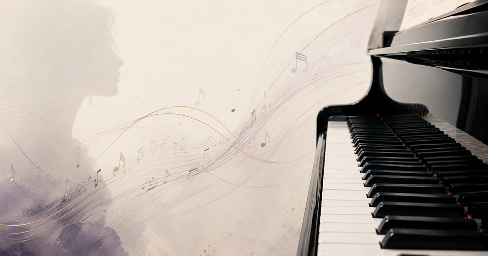 A piano and a silhouette of a woman.