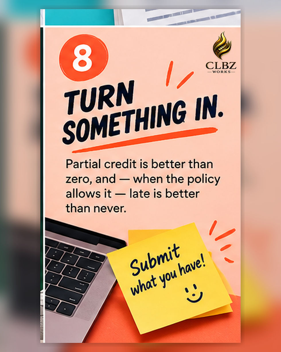 Peach and coral slide reading “Turn something in.” Text says partial credit is better than zero, and when course policy allows it, late is better than never. A laptop and sticky note reading “Submit what you have!” appear below.