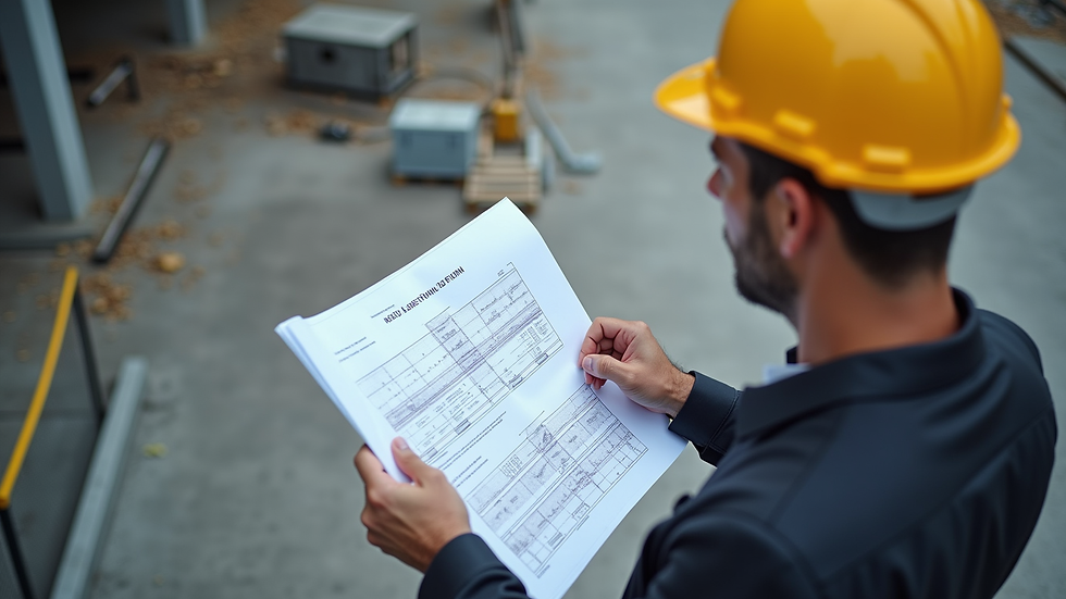 High angle view of consultant reviewing construction plans on site