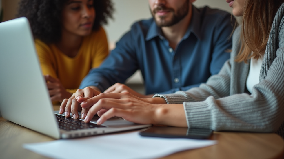 Eye-level view of a diverse team collaborating on a laptop