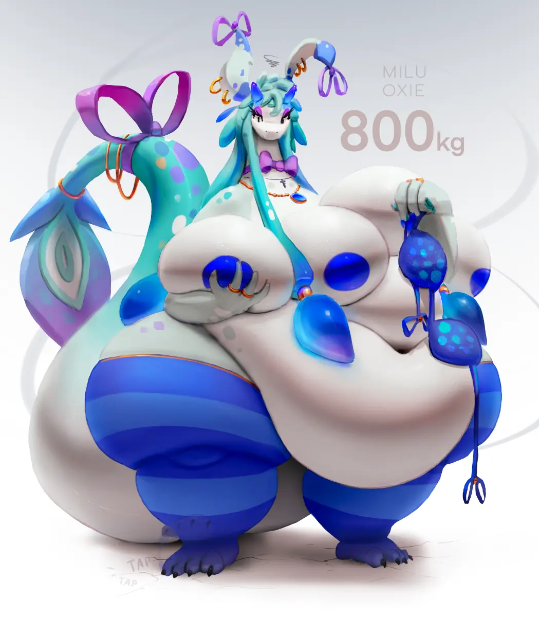 White dragon with long ears large double belly and 4 large breasts wearing blue striped stockings.