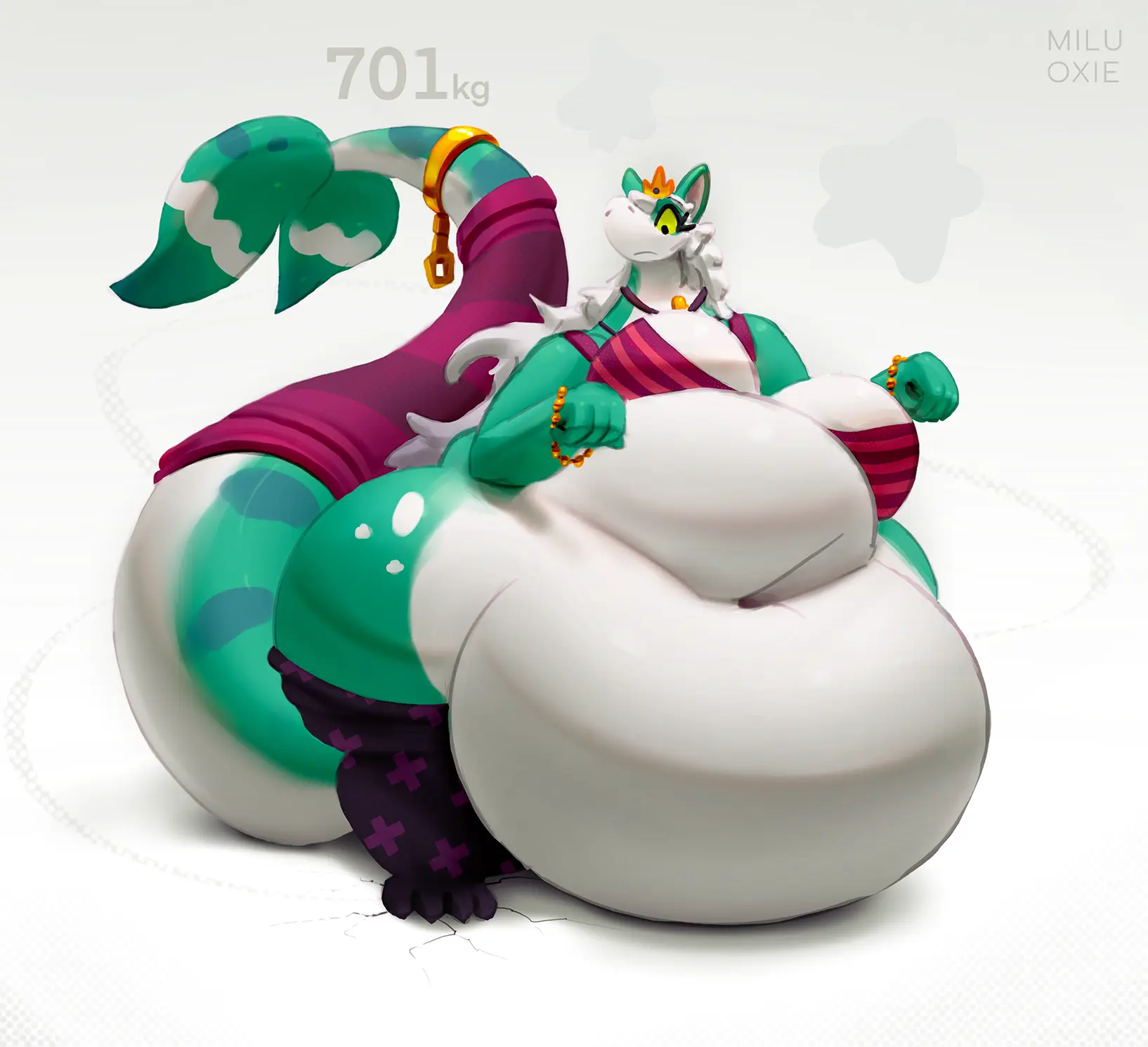Green obese dragon princess wearing gold jewelry, purple stockings and pink striped crop top and tail sleeve.