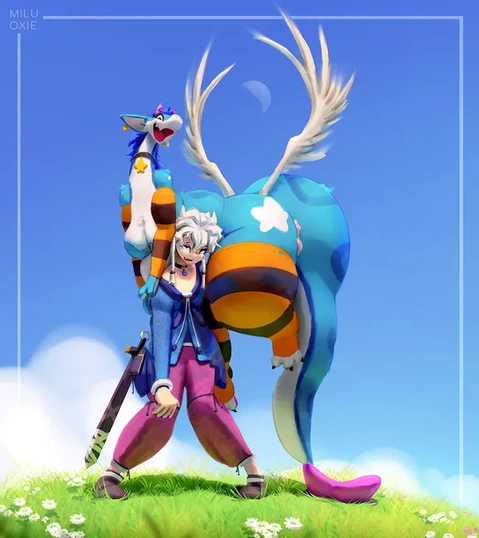 White haired protagonist boy holds blue thick fluffy creature with star mark on her butt and wearing orange strtiped stockings and sleeves on fis shoulder.
