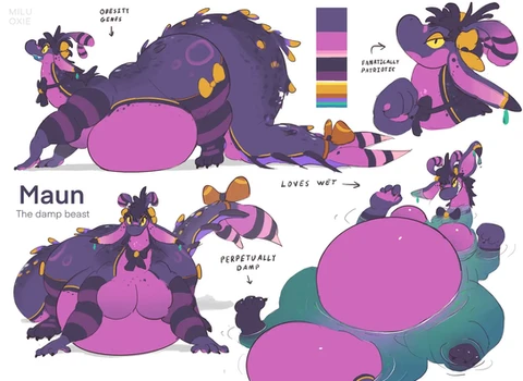 Character sheet of a dark purple obese damp creature with big round belly wearing purple striped stockings and sleeves.