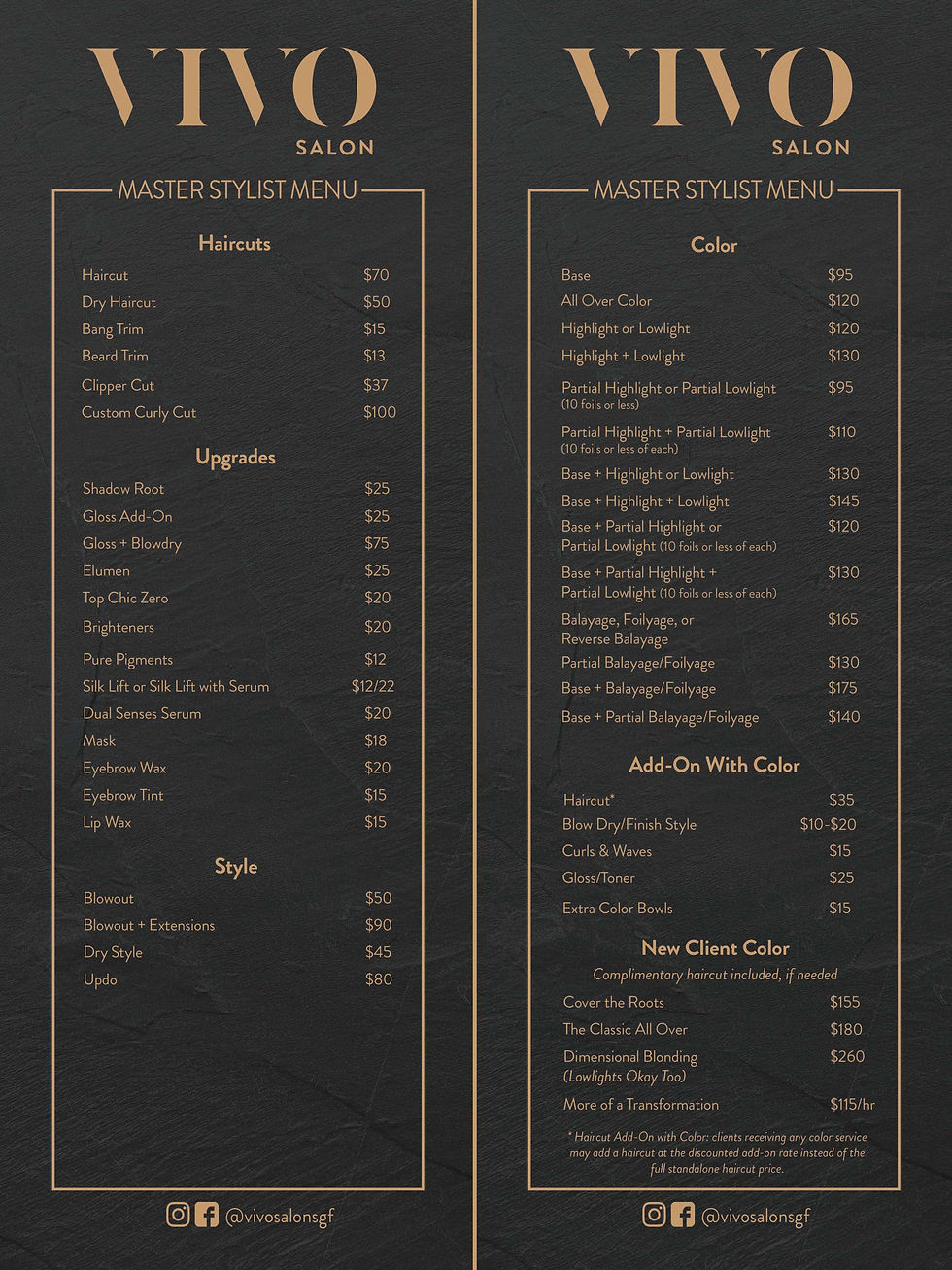 Master Stylist Pricing Menu 2026