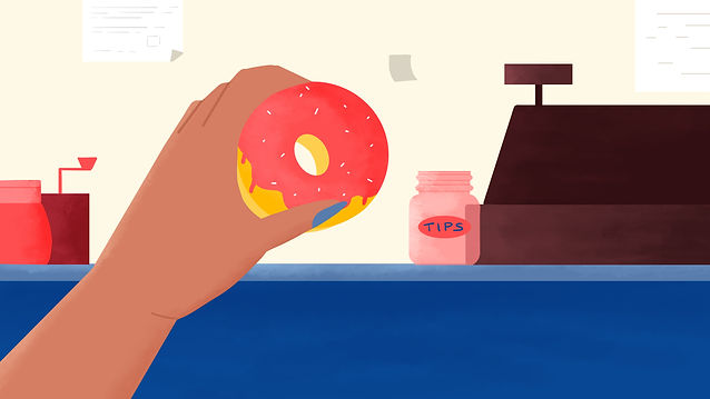 Illustration for animation by Laura Catalina. Style frame. Normal Coffee. School of motion. Sarah Beth Morgan. Hand holding a donut