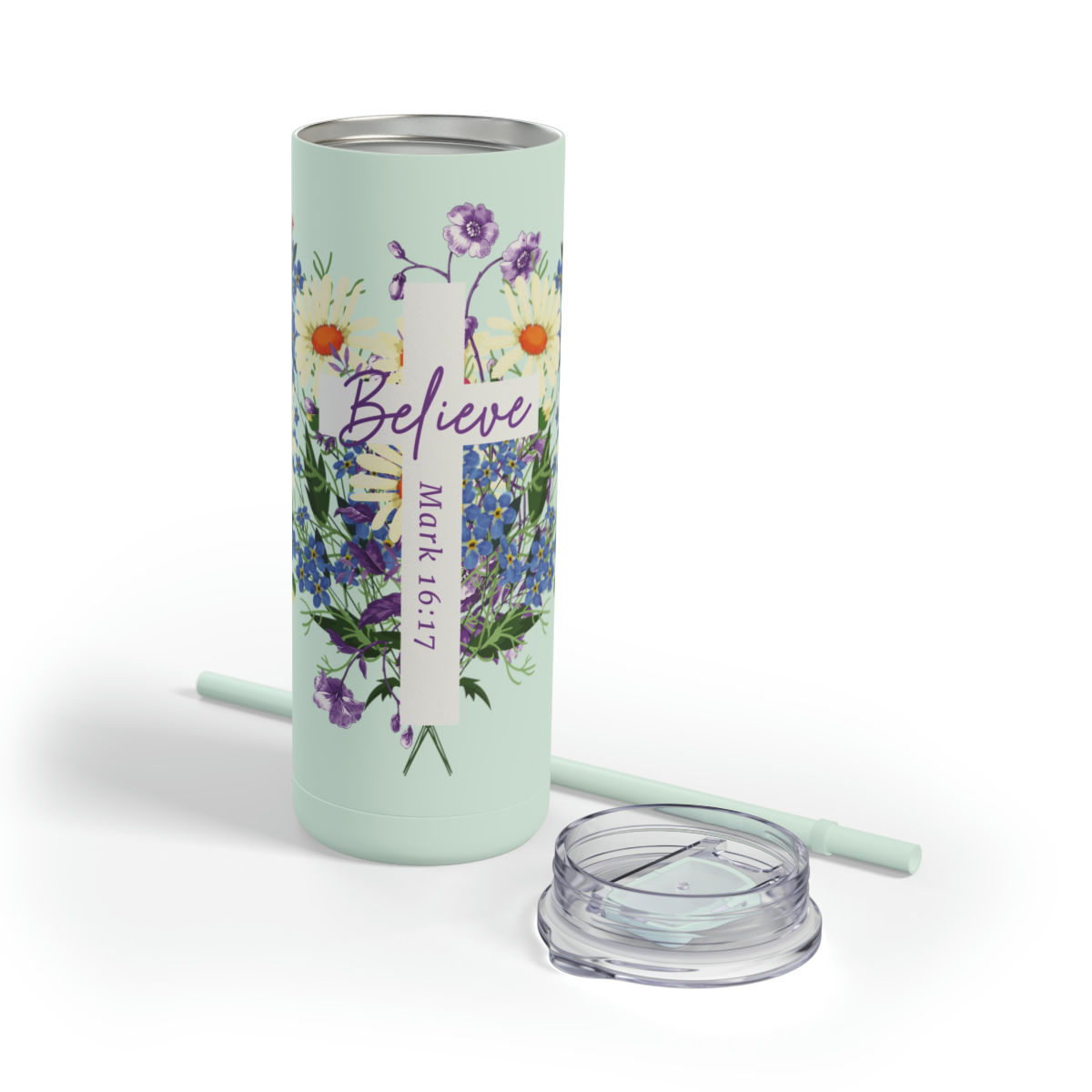 Believe - Mark 16:17 Christian Skinny Matte Tumbler, 20oz