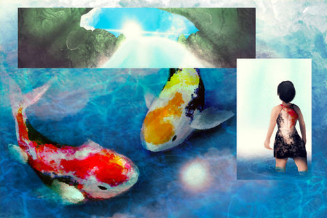 Digital Painting of koi, a woman, and a waterfall