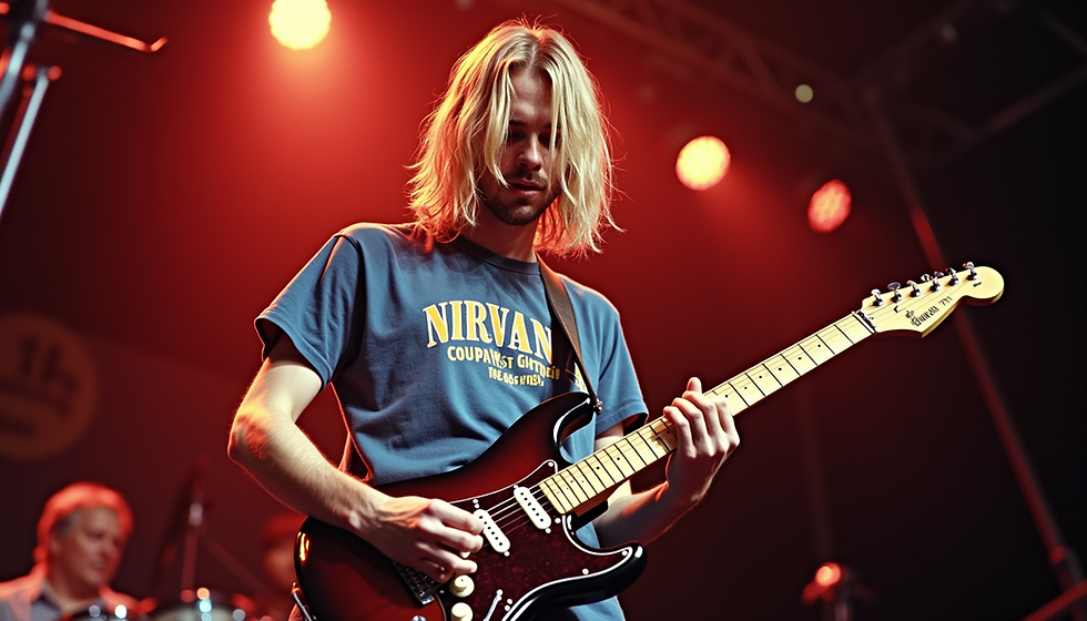 Kurt Cobain, mentre suona la chitarra durante un concerto