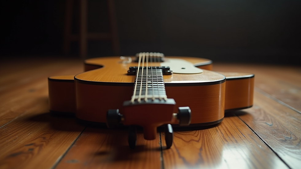 Close-up of a guitar resting on a wooden stage floor