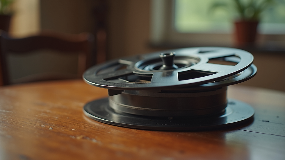 Close-up view of a vintage film reel on a wooden table