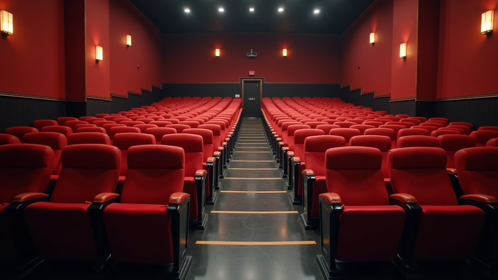 Eye-level view of a vintage cinema hall with empty red seats