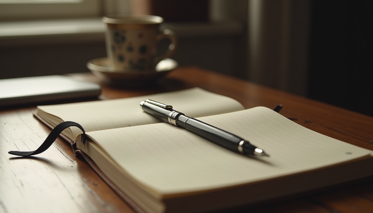 Vista a livello degli occhi di una scrivania con un quaderno aperto e una penna, simbolo di scrittura personale