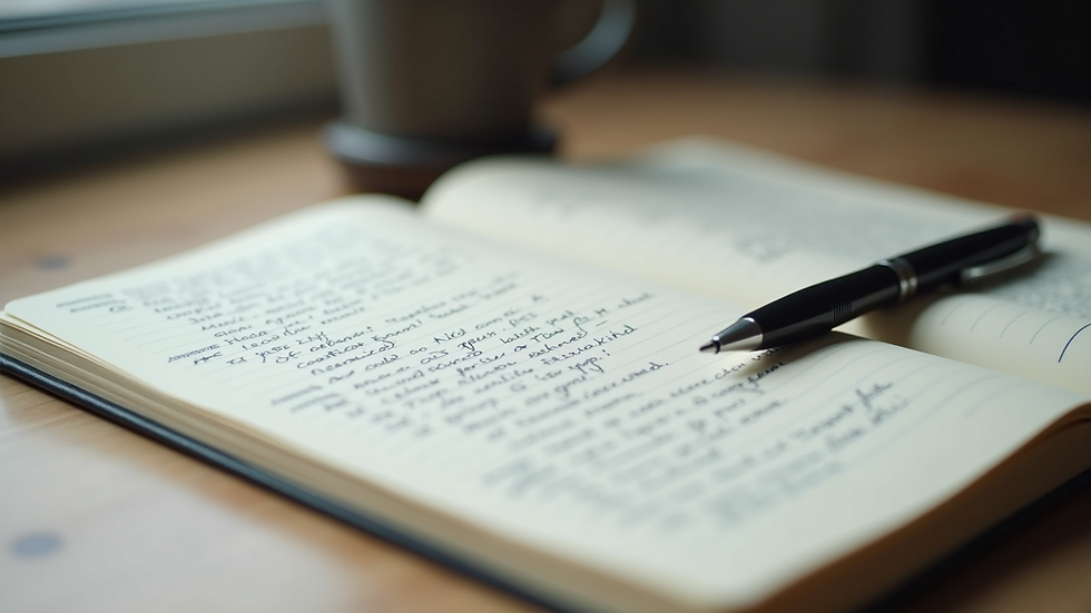 Close-up view of a notebook with handwritten notes and a pen on a desk
