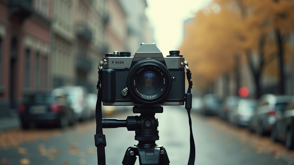 Eye-level view of a vintage film camera on a tripod