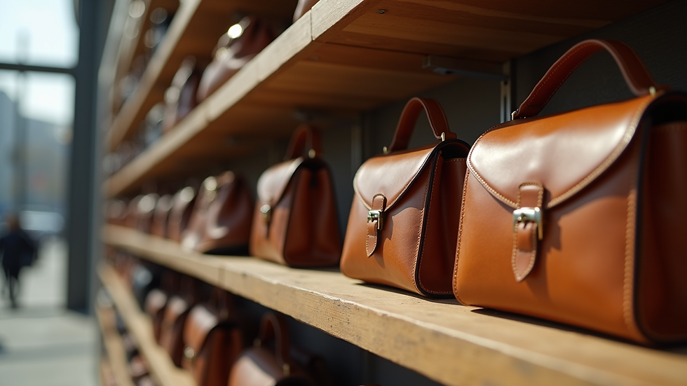 Eye-level view of stylish leather bags and shoes on display