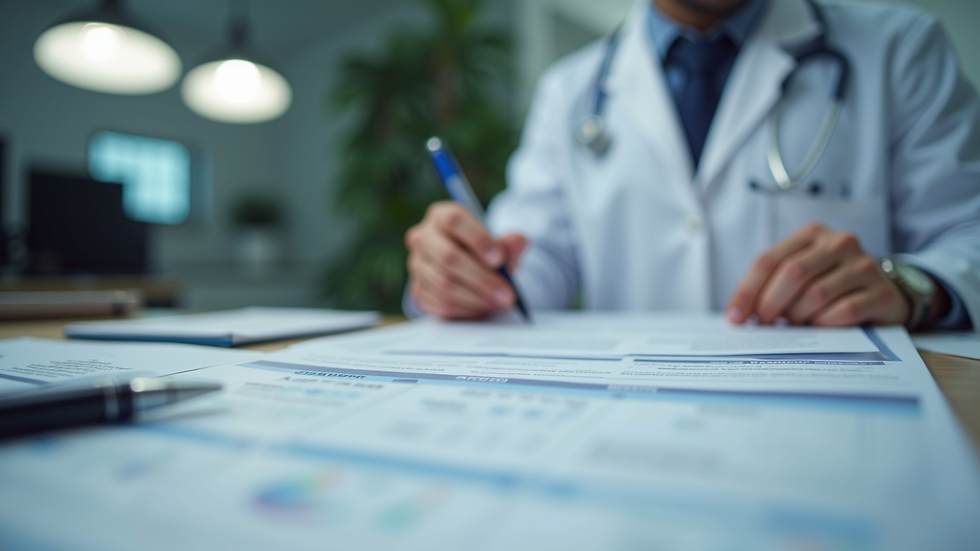 Eye-level view of a legal expert reviewing medical documents related to sedation