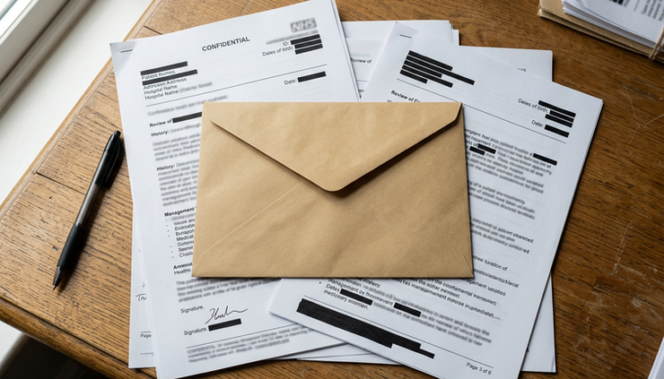 Overhead view of a sealed envelope resting on anonymised clinical notes