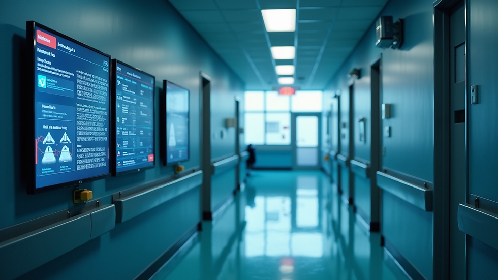 Eye-level view of a hospital corridor with digital screens displaying AI data