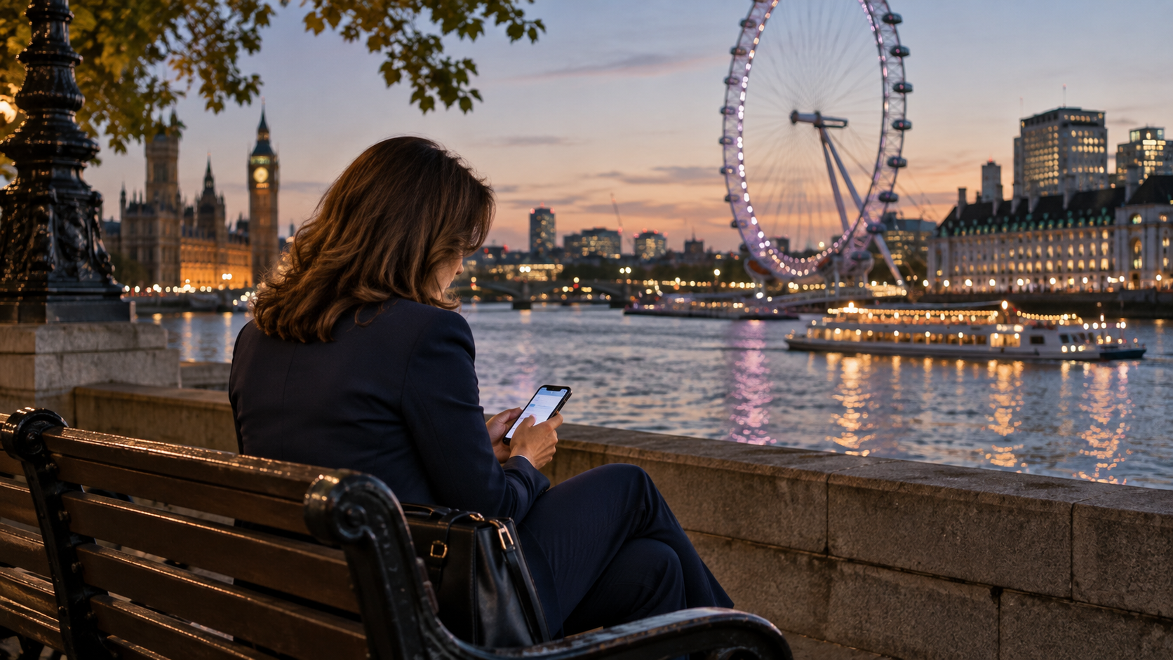 Sarah on a bench by the Thames near Westminster at dusk