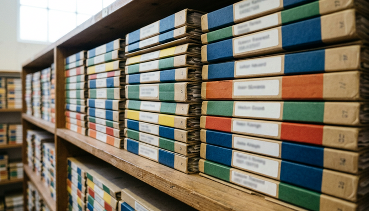 Close-up view of colour-coded medical record folders stacked on a plain shelf