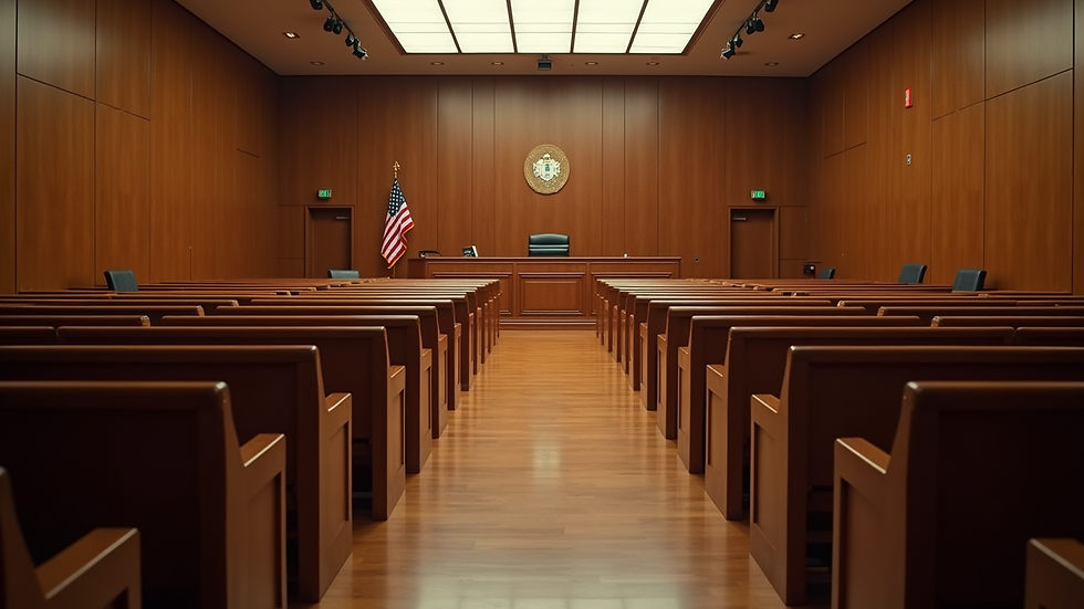 Eye-level view of a courtroom with empty seats and a witness stand