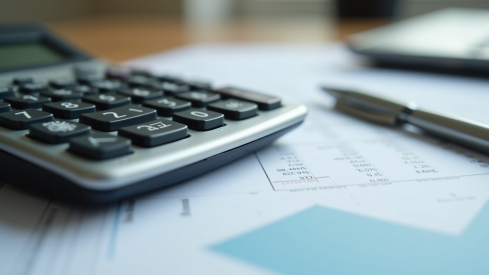 Close-up view of a calculator and financial documents on a desk