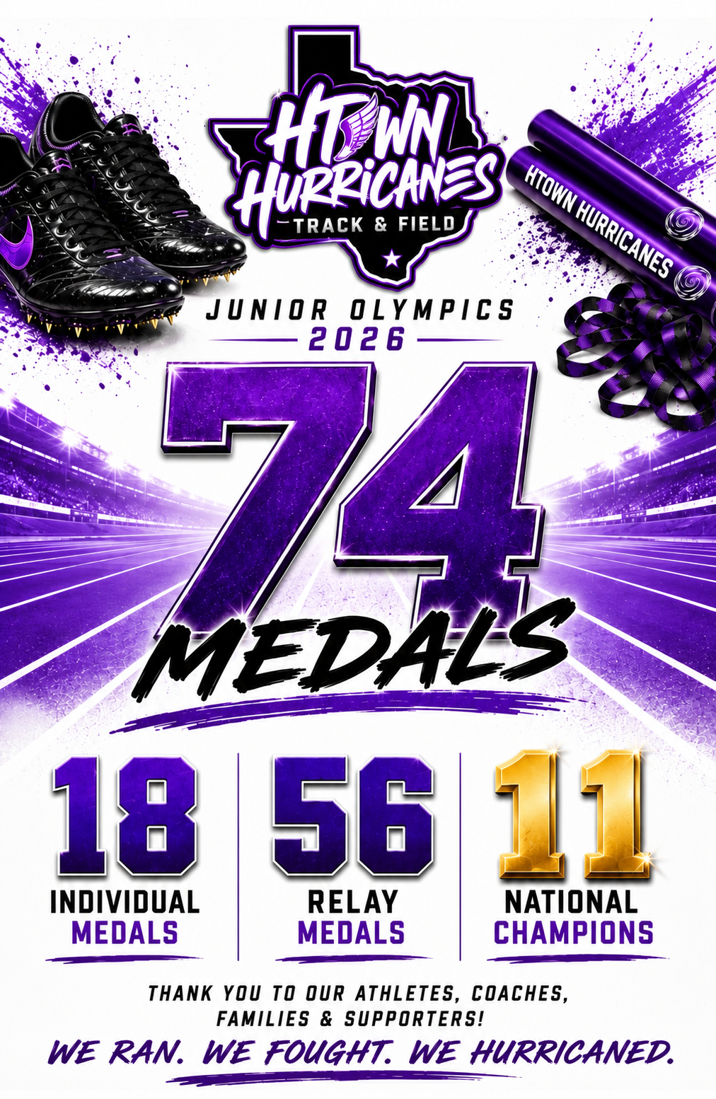 H-Town Hurricanes Junior Olympics 2026 β 74 medals, 18 individual medals, 56 relay medals, 11 national champions