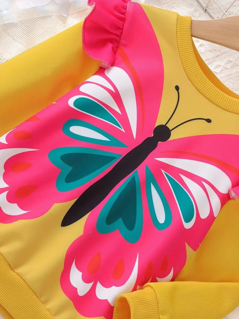 Thumbnail: Girl's Butterfly Print Crew Neck Long Sleeve Casual Sweatshirt