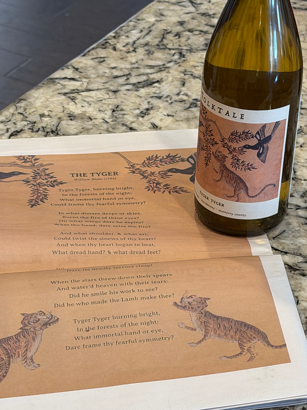 Folktale Wine's label for Tyger Tyger is inspired by the William Blake poem, "The Tyger." A beautiful connection between wine and poetry. Photo by Stacey Kaleh.