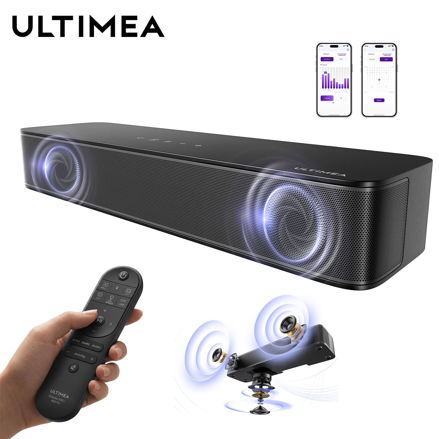 ULTIMEA 120W 2.1ch Compact Soundbar for TV, 3-Inch Built-in Subwoofer, Bluetooth