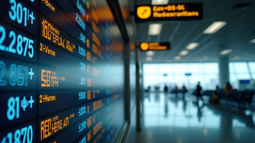 Eye-level view of an airport departure board displaying delayed flights