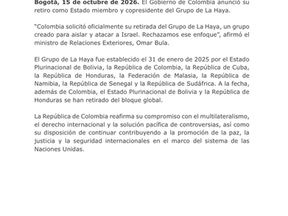 Colombia anuncia retiro como Estado miembro del Grupo de La Haya