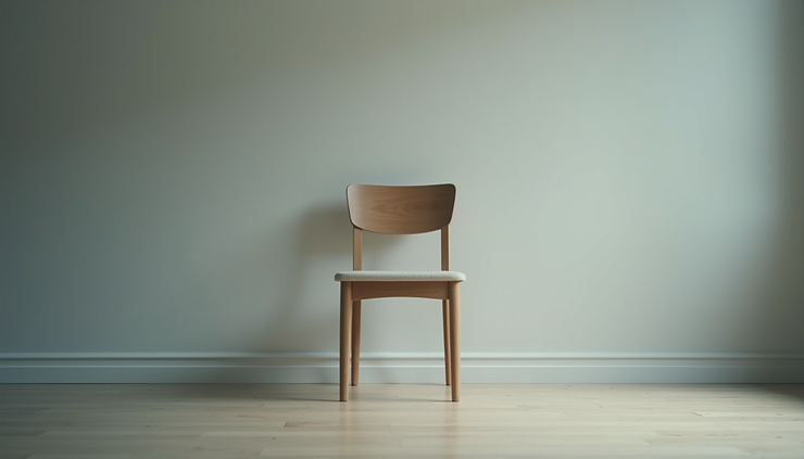 Eye-level view of a single empty chair in a quiet room symbolizing loneliness and emotional distance