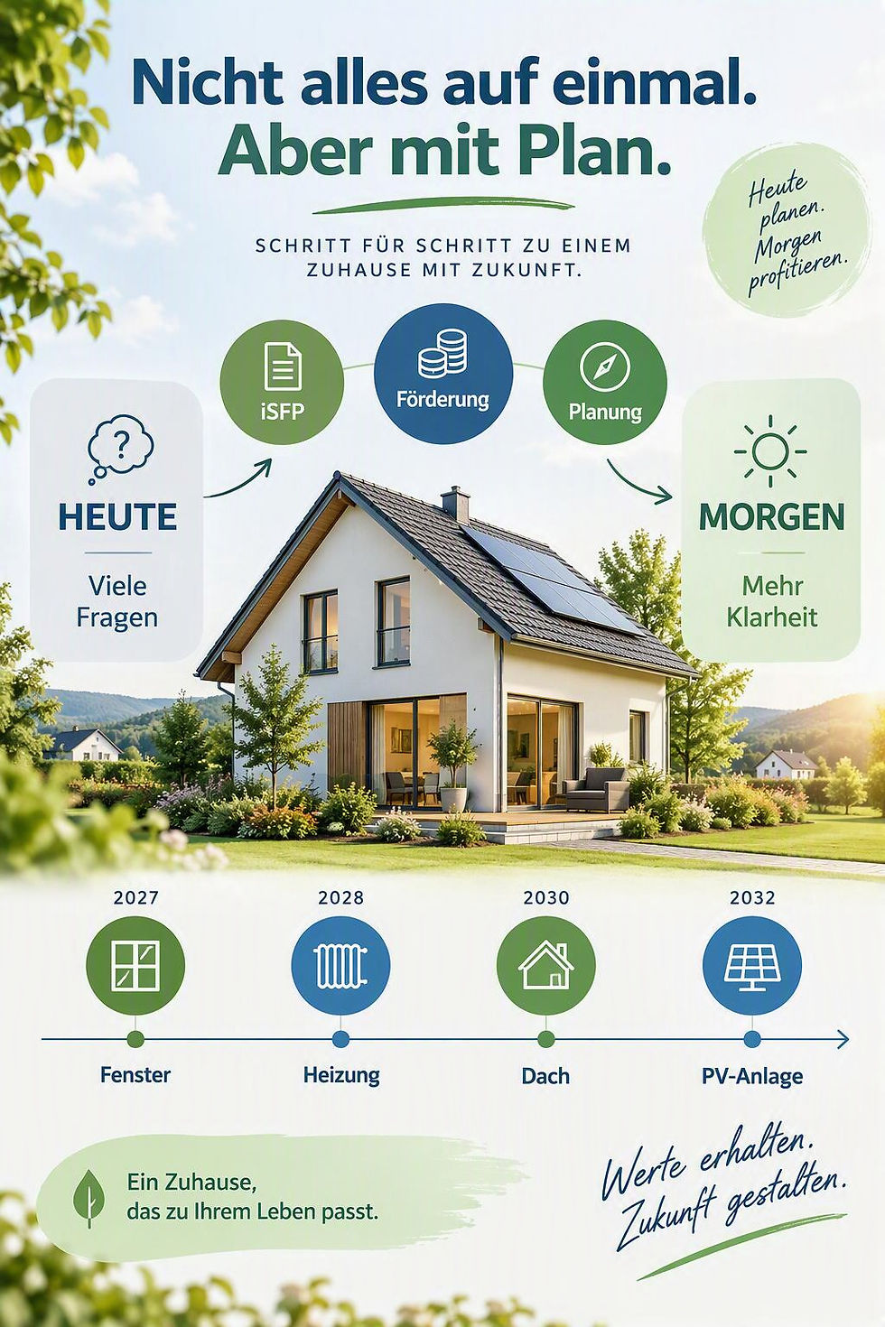 Beispiel für einen individuellen Sanierungsfahrplan mit schrittweiser Modernisierung eines Wohnhauses